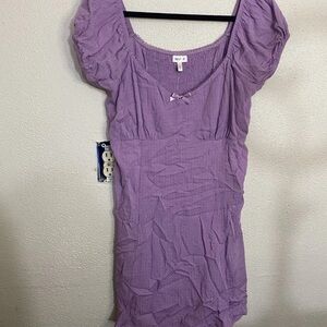 Self-E Juniors Purple Mini Dress XL Puff Sleeve Smocked Bodice Bow Detail NWT